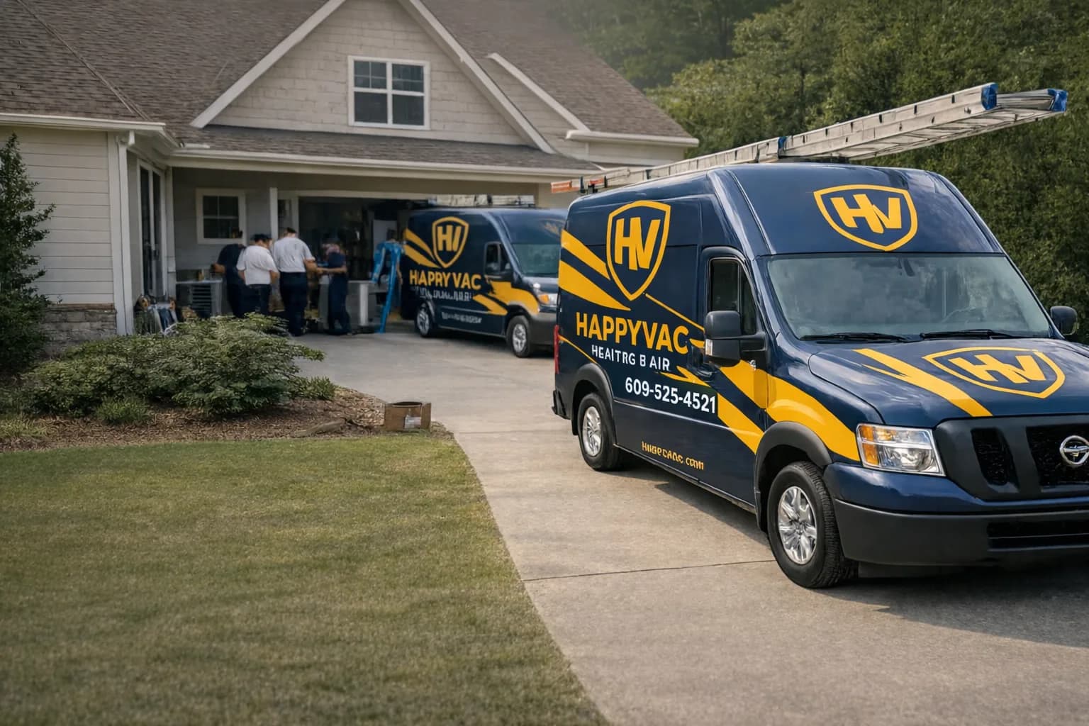 HappyVac Heating and Air team and branded service vans at a home in Atlantic County NJ